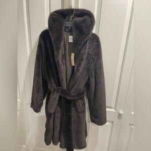 Rebecca Minkoff Hooded Belted Vegan Fur Wrap Coat Jacket Brown